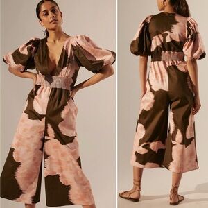 Anthropologie Pink and Olive Puff-Sleeve Jumpsuit